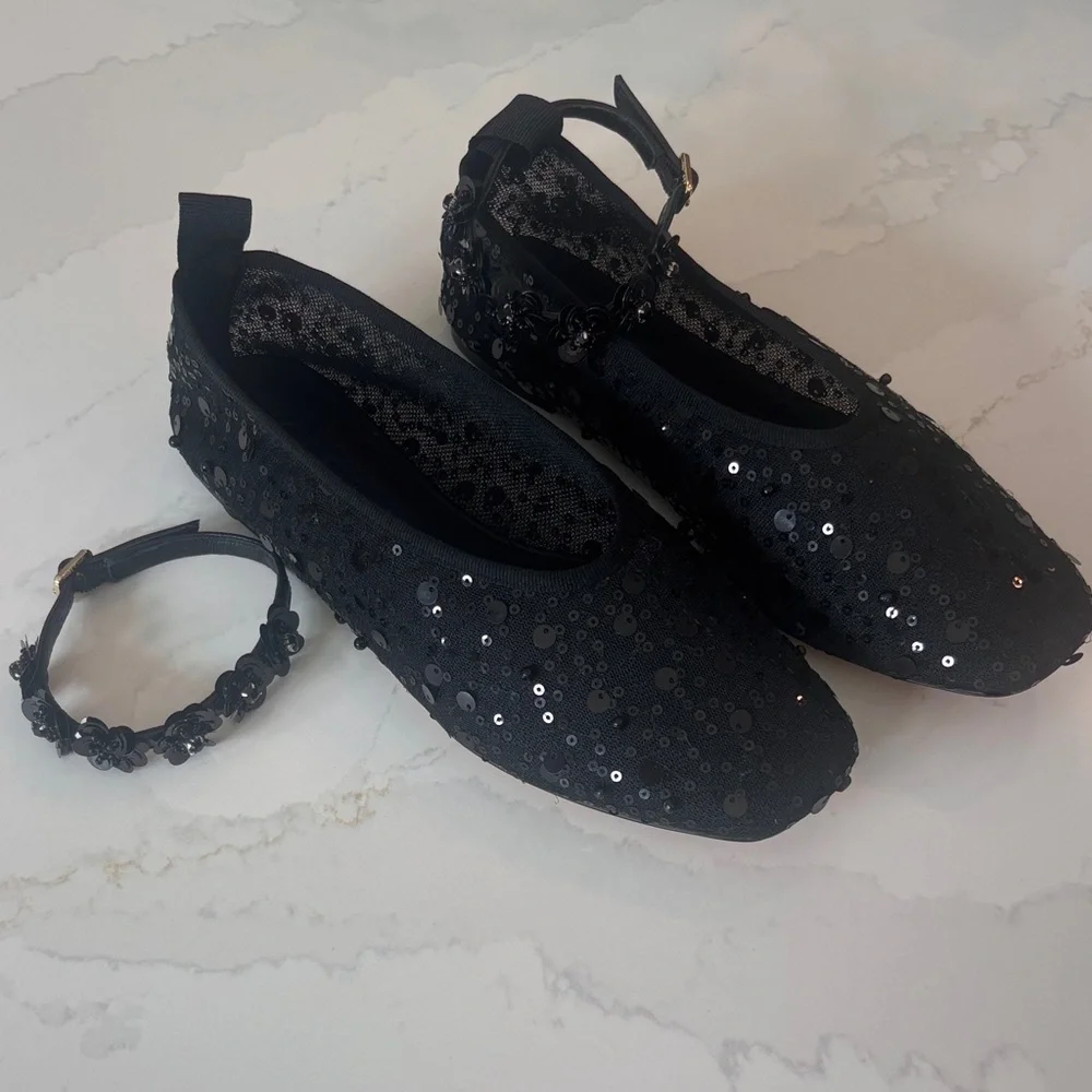 J. Crew Quinn Black Sequin And Mesh Ballet Flats w/Removable Ankle Strap Sz 7.5 - Picture 10 of 12